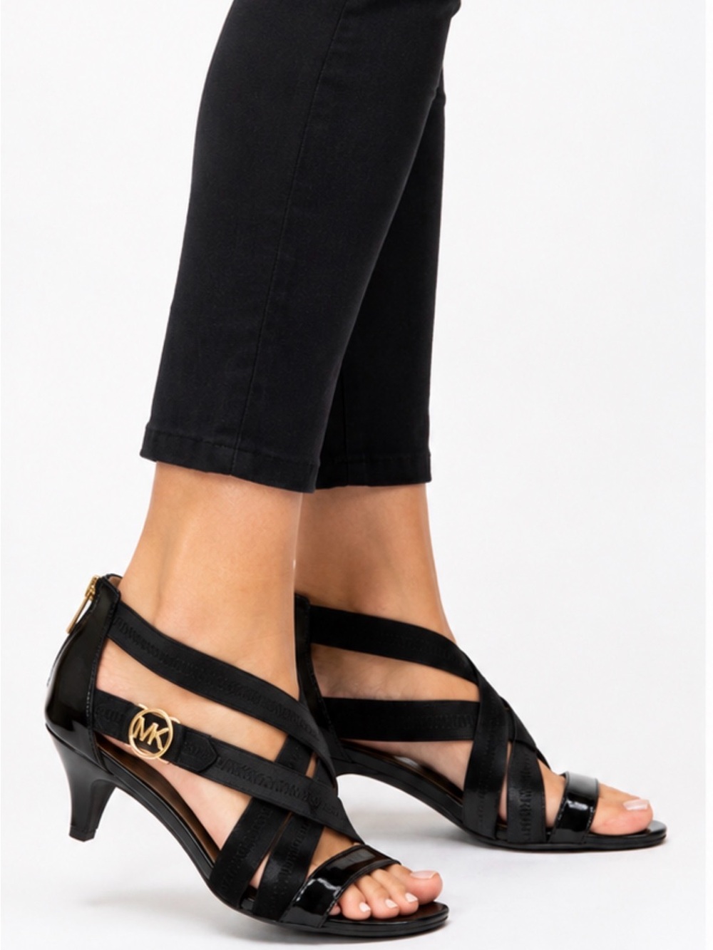 Michael Kors Black Strappy Kitten-Heel Sandals with Gold MK Accent size 8